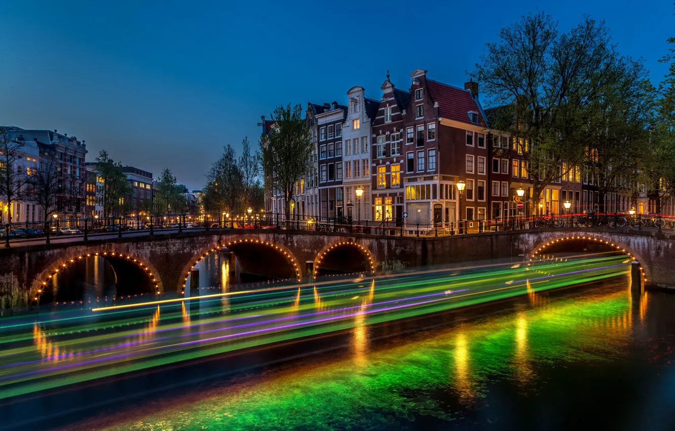 Photo wallpaper night, bridge, lights, river, excerpt, Amsterdam, lights, Netherlands