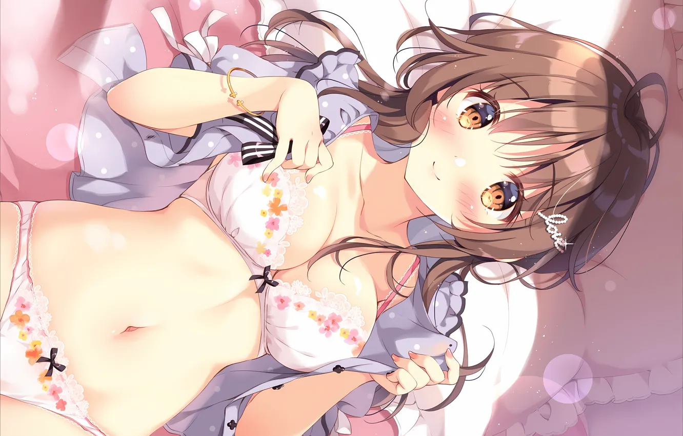 Photo wallpaper girl, sexy, lingerie, bra, cleavage, panties, long hair, brown hair