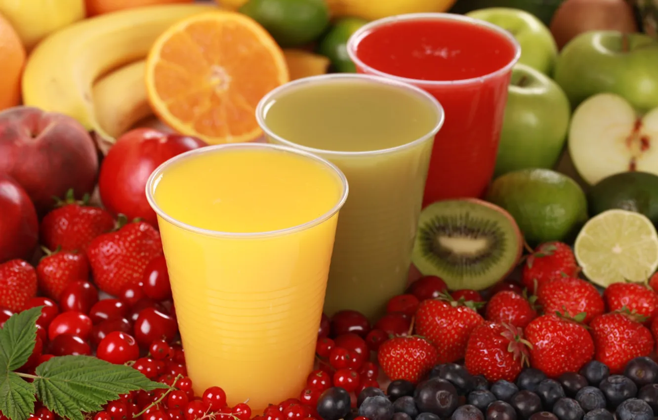 Photo wallpaper berries, apples, orange, kiwi, strawberry, juice, fruit