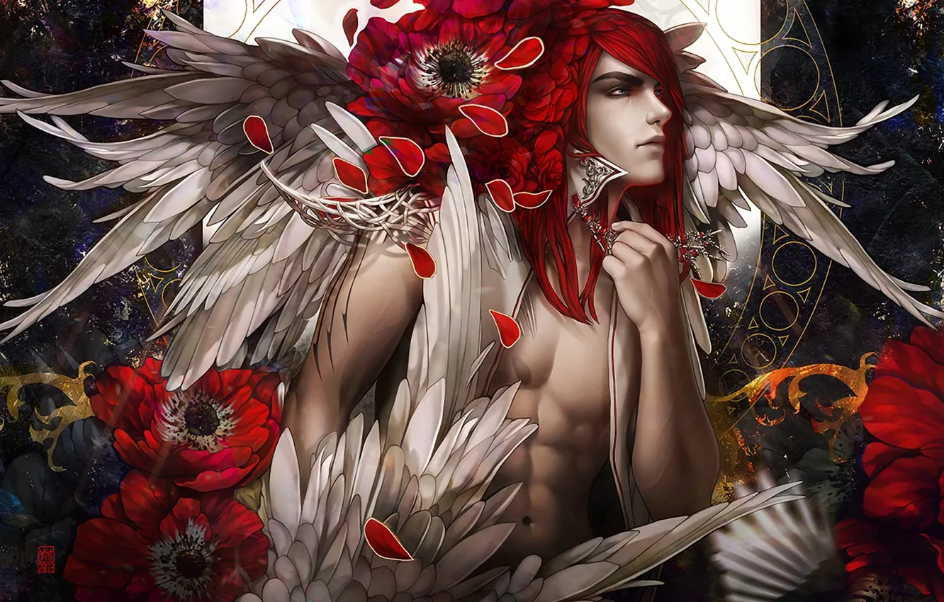 Photo wallpaper flowers, Maki, wings, art, guy, red hair, tincek-marincek