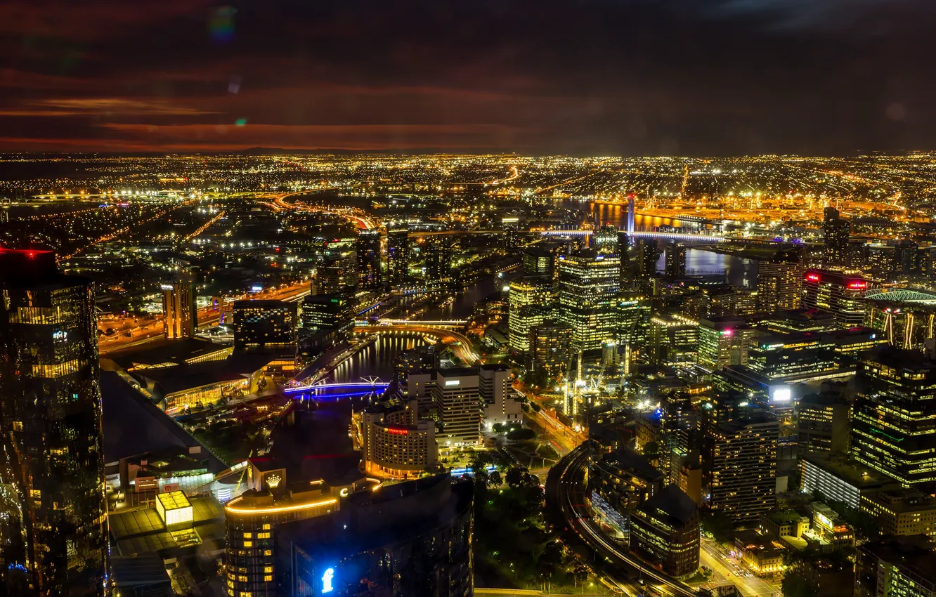 Photo wallpaper night, the city, lights, river, building, home, Australia, panorama