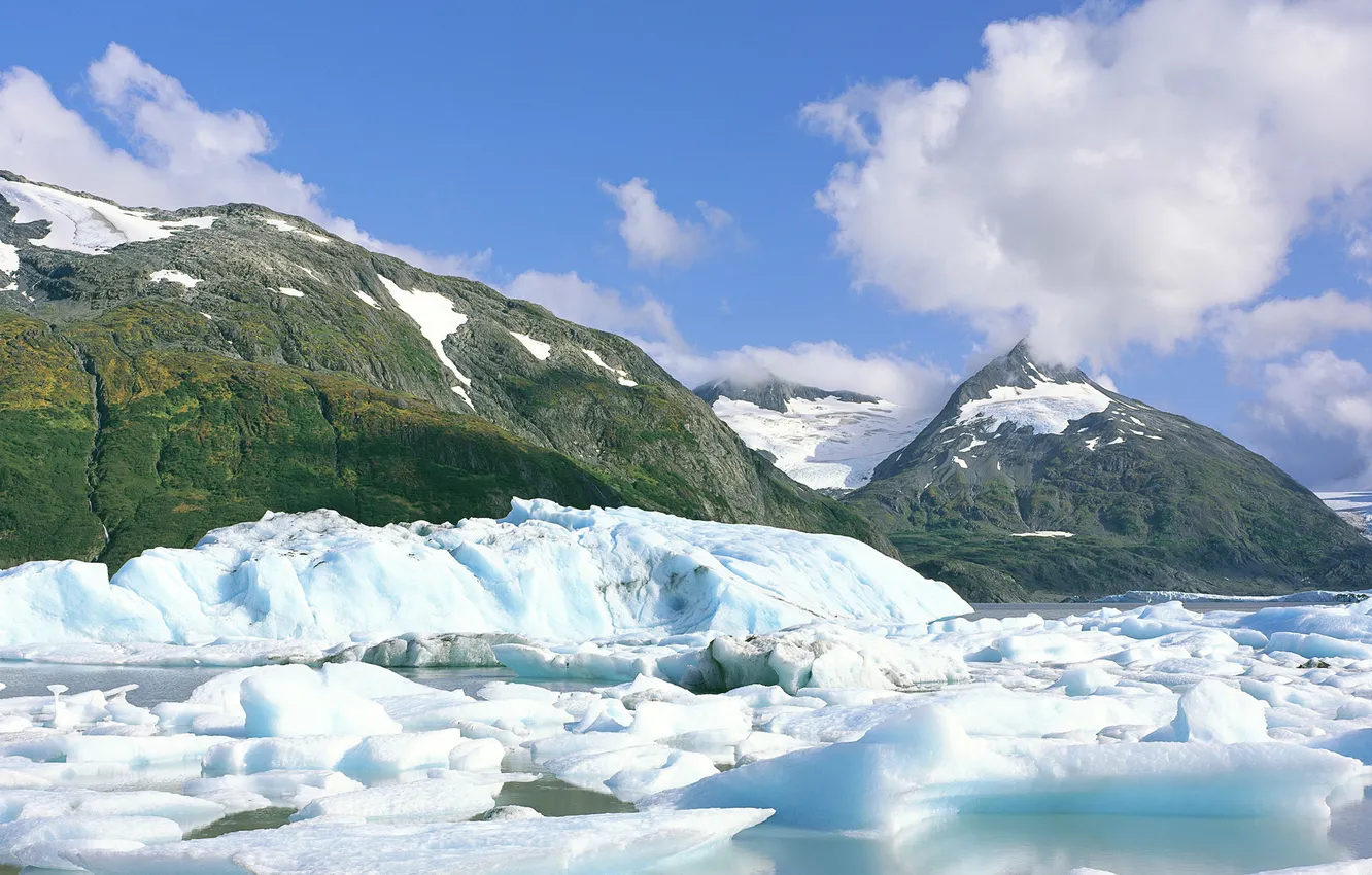 Photo wallpaper ice, sea, the sky, clouds, snow, mountains, iceberg, panorama