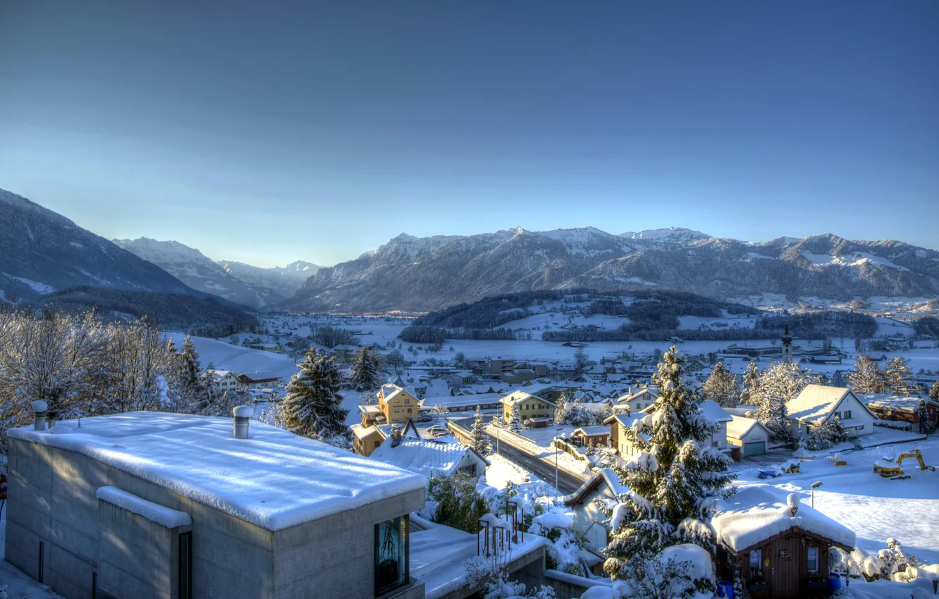 Photo wallpaper winter, snow, trees, mountains, home, Switzerland, valley, Kaltbrunn