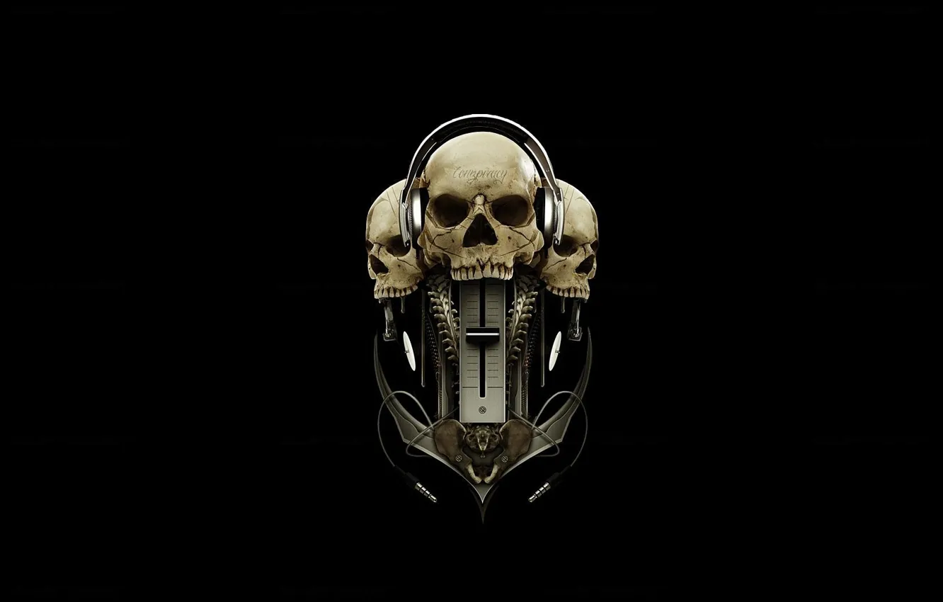 Photo wallpaper headphones, skull, black background