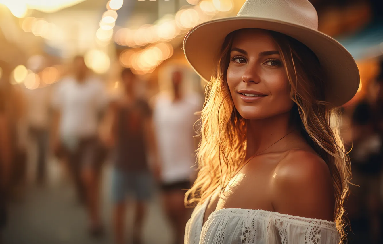 Photo wallpaper look, girl, lights, street, people, portrait, hat, blonde