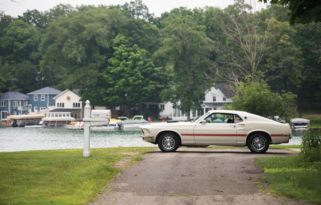 Photo wallpaper Road, Pier, Grass, 1969, Ford Mustang, Muscle car, 428 Cobra Jet, Mach I