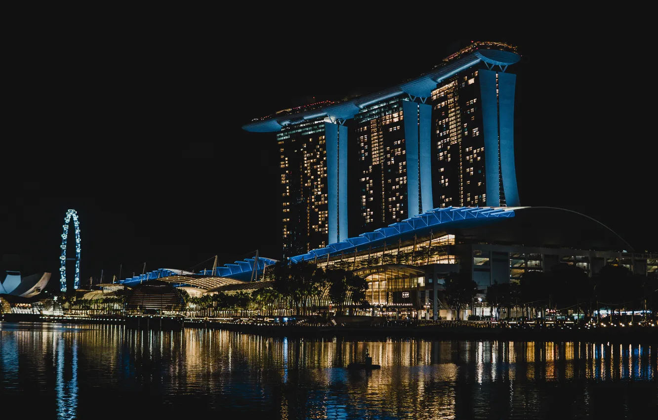 Photo wallpaper night, the city, lights, darkness, reflection, Asia, building, Singapore