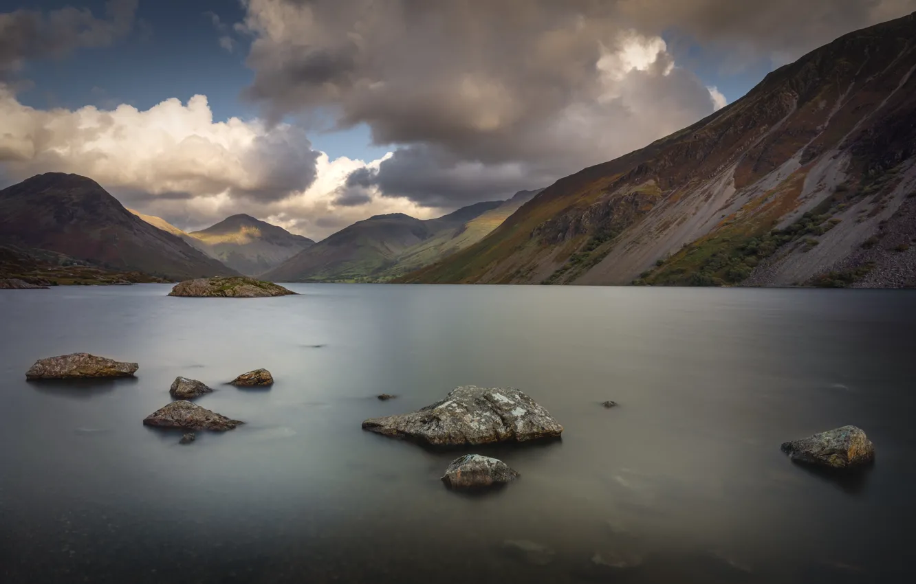 Photo wallpaper mountains, stones, rocks, pond