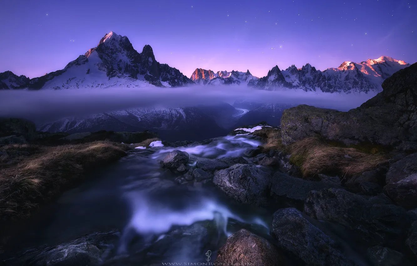 Photo wallpaper stars, mountains, night, river, stones, rocks, stream