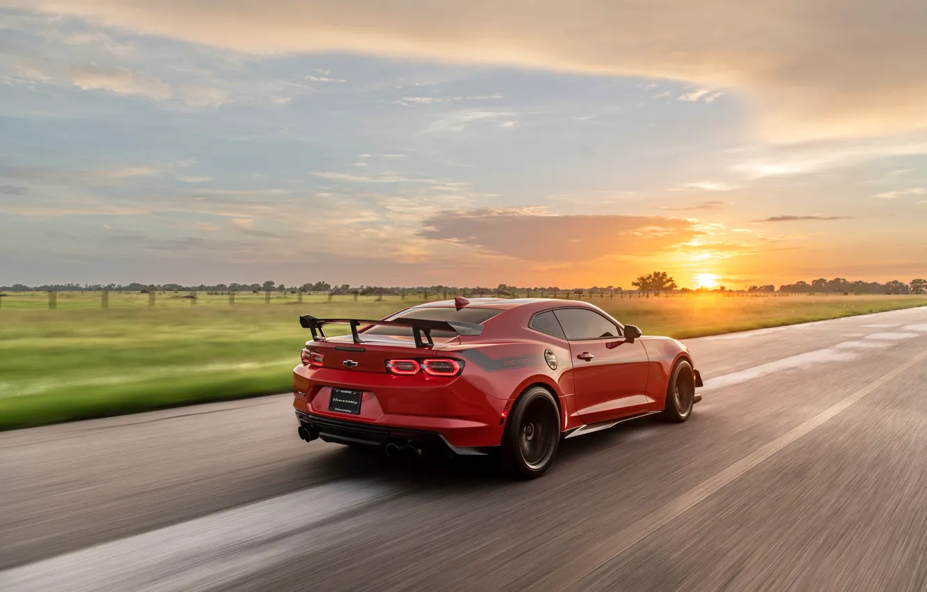 Photo wallpaper Chevrolet, Camaro, red, road, muscle car, sun, Hennessey, Hennessey Chevrolet Camaro ZL1 The Exorcist