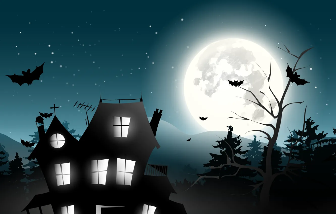 Photo wallpaper trees, castle, vector, bat, horror, horror, vector, trees