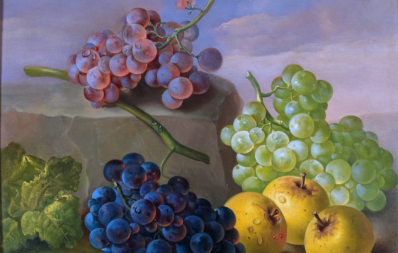 Photo wallpaper apples, picture, grapes, still life, Austrian artist, Franz Xaver Petter, Franz Xaver Petter