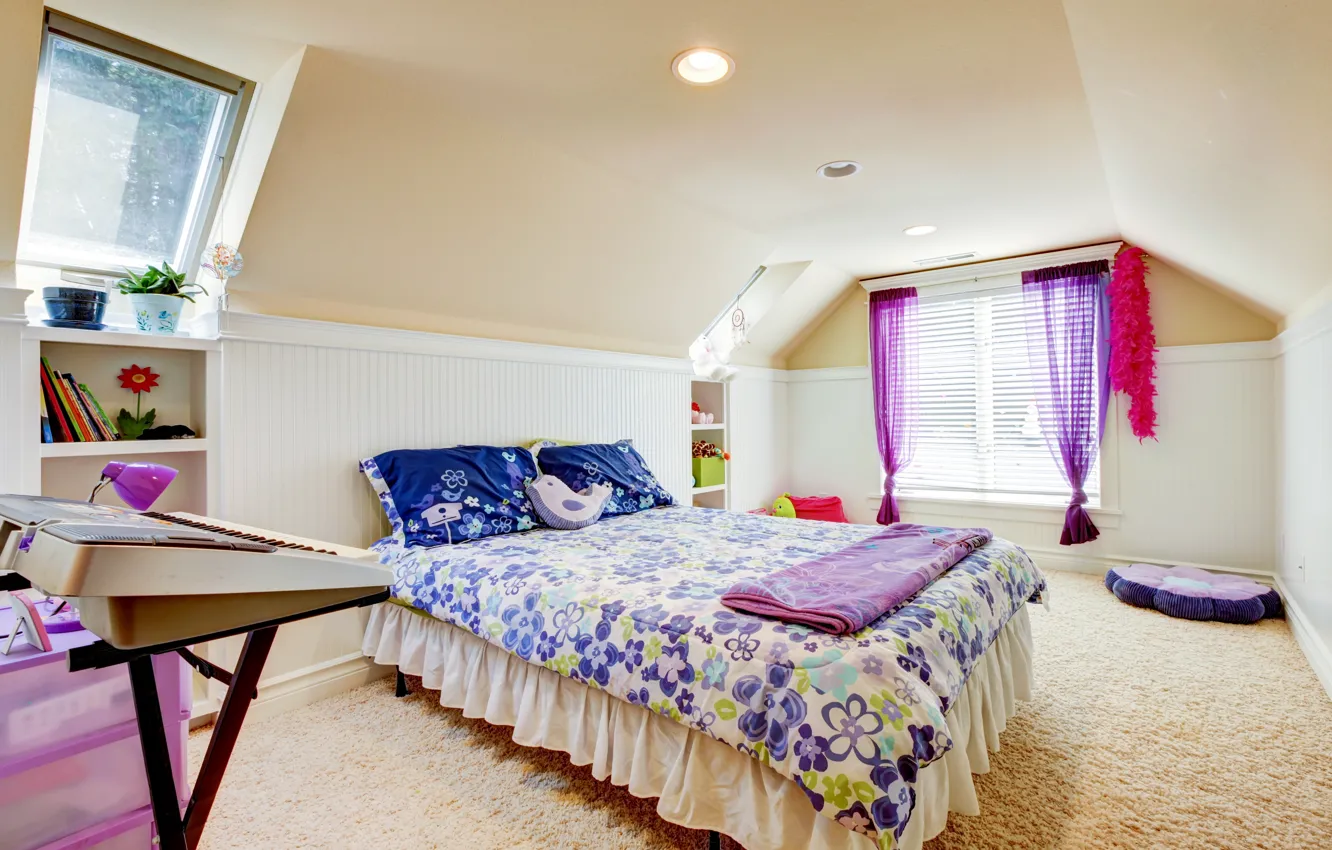 Photo wallpaper comfort, room, carpet, plants, pillow, window, bed, pots