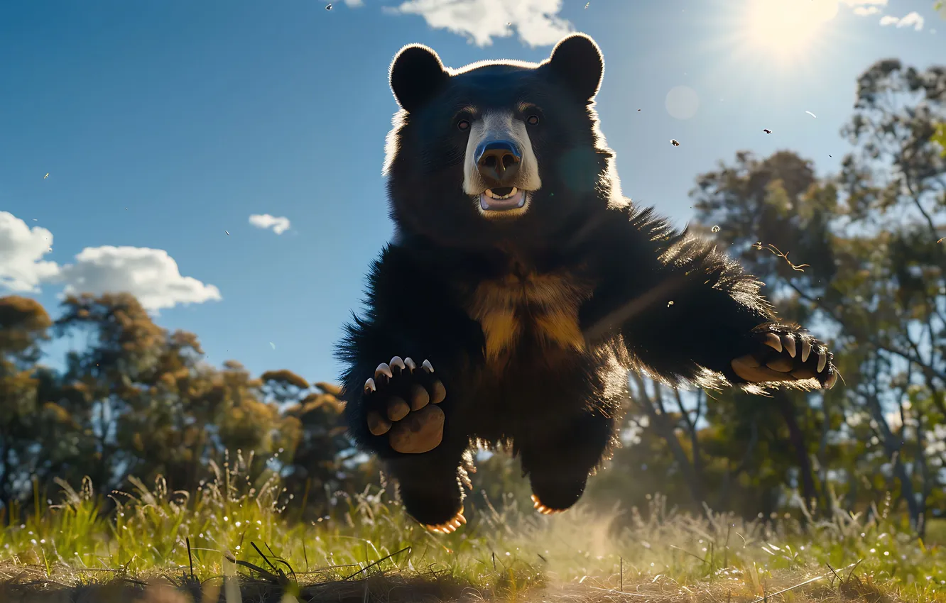 Photo wallpaper face, trees, jump, predator, paws, bear, digital art, Black bear