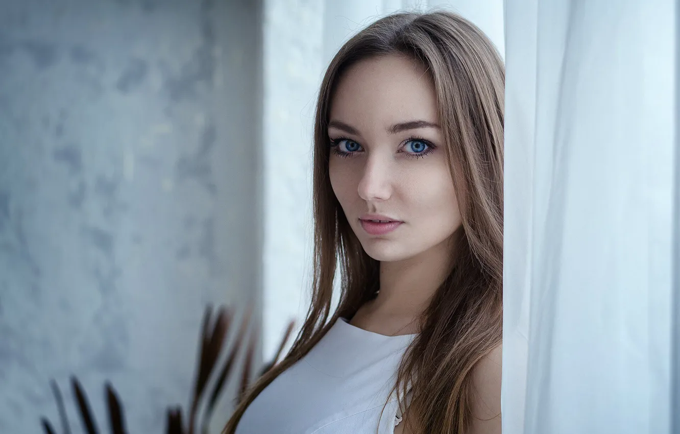 Photo wallpaper girl, Model, long hair, brown hair, photo, blue eyes, bokeh, lips