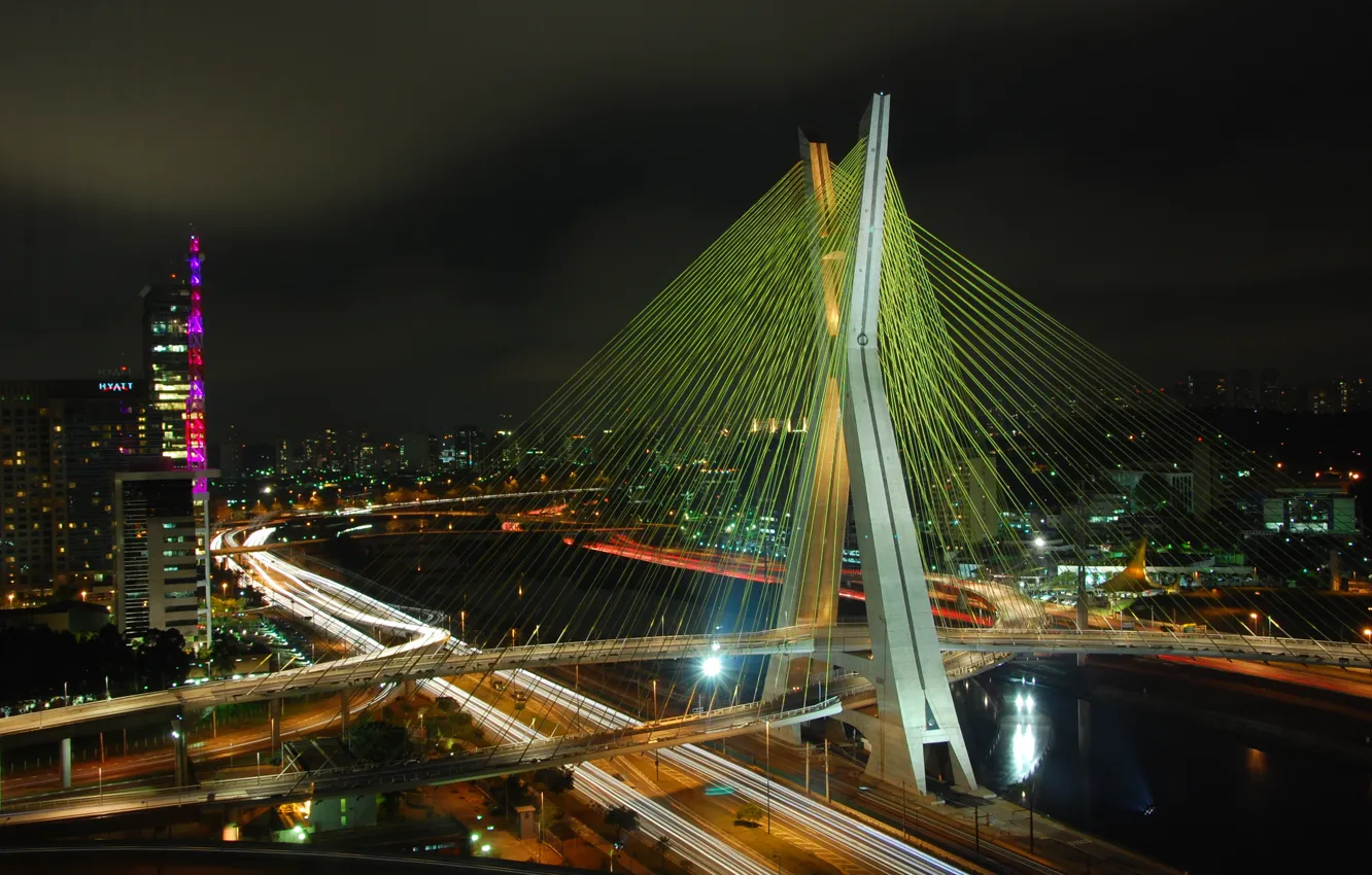 Photo wallpaper road, the city, lights, river, bridges, Brazil, Sao Paulo
