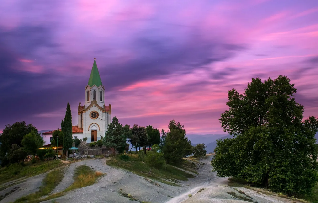 Photo wallpaper trees, sunset, Church, Spain, Spain, Catalonia, Catalonia, Sanctuary of Puig-agut