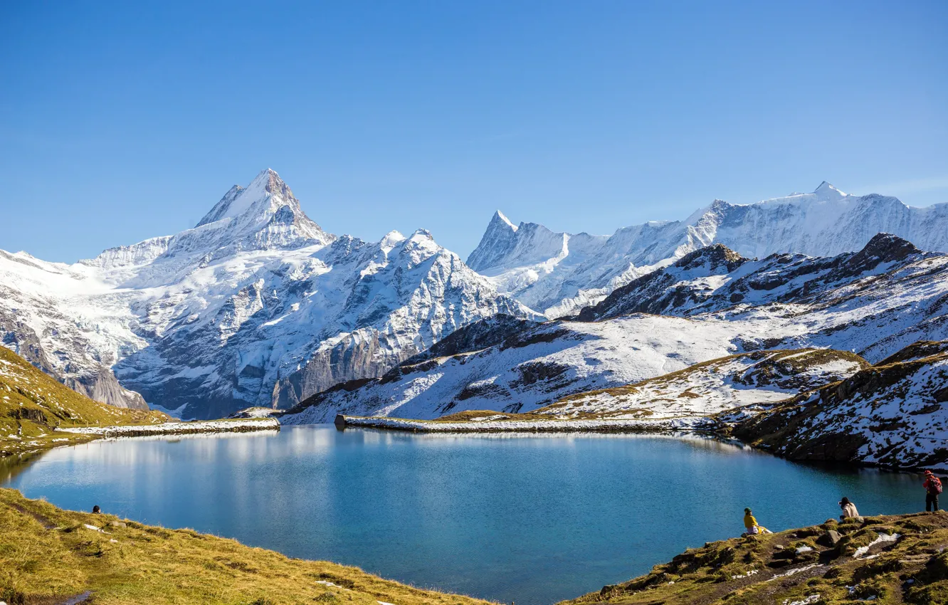 Photo wallpaper Switzerland, Snow, mountain, Lake, Trip Grindelwald