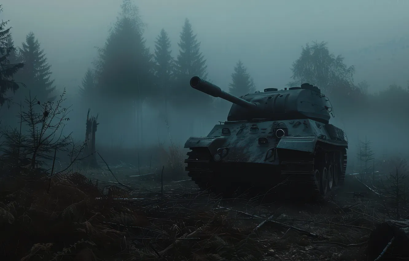 Photo wallpaper trees, fog, the evening, tank, digital art, AI art, The Art of Artificial Intelligence, neural …