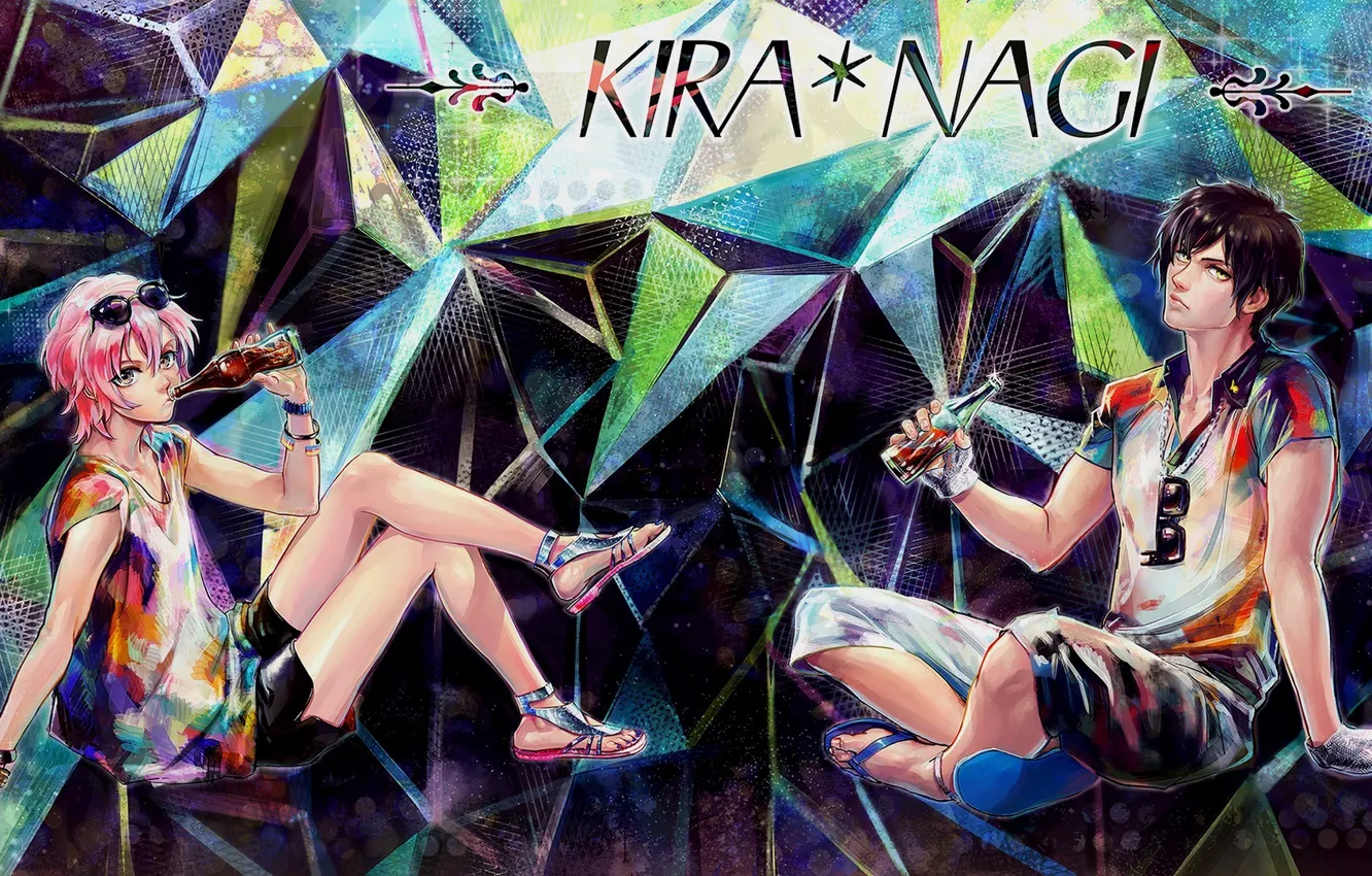 Photo wallpaper abstraction, bottle, anime, art, drink, guy, two, Uta no prince-sama