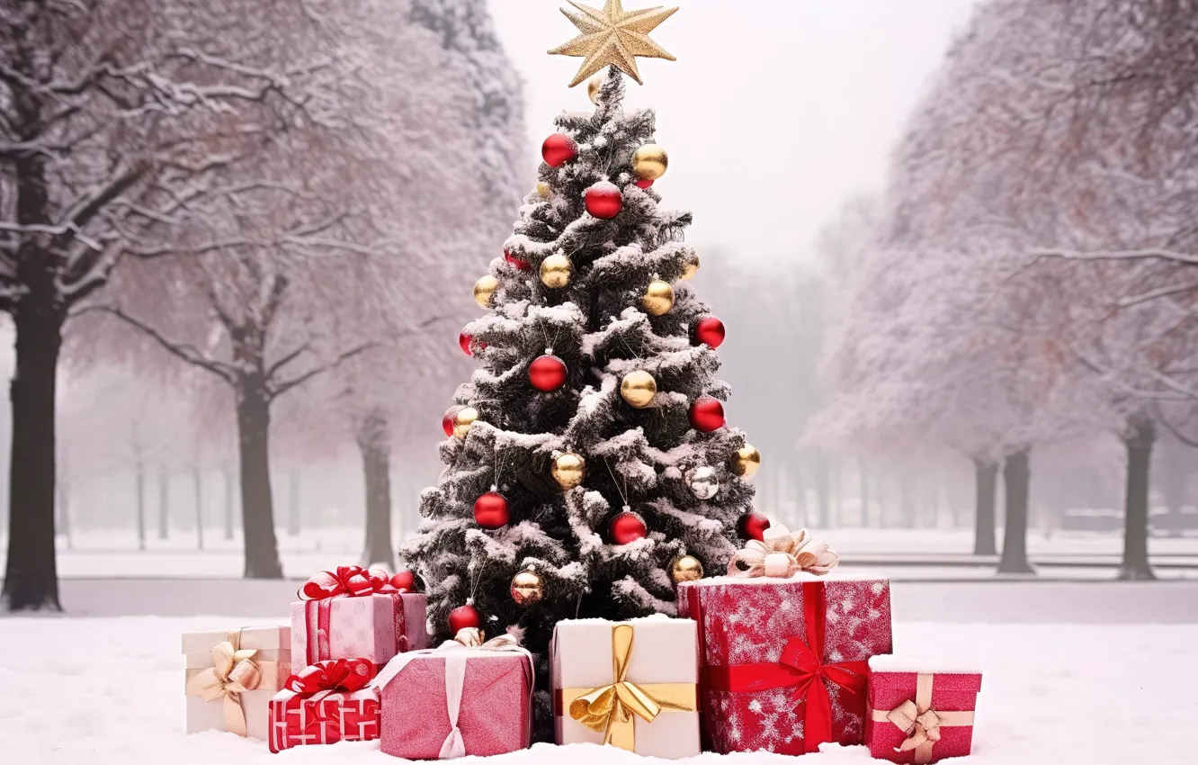 Photo wallpaper winter, snow, decoration, gift, balls, tree, new year, Christmas