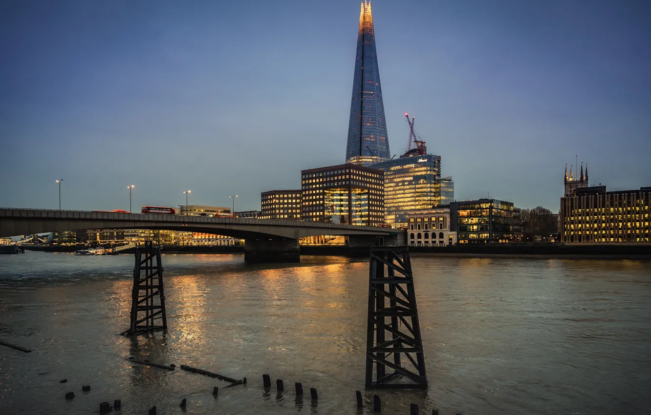 Photo wallpaper lights, river, England, London, the evening, Thames, skyscraper, Thames