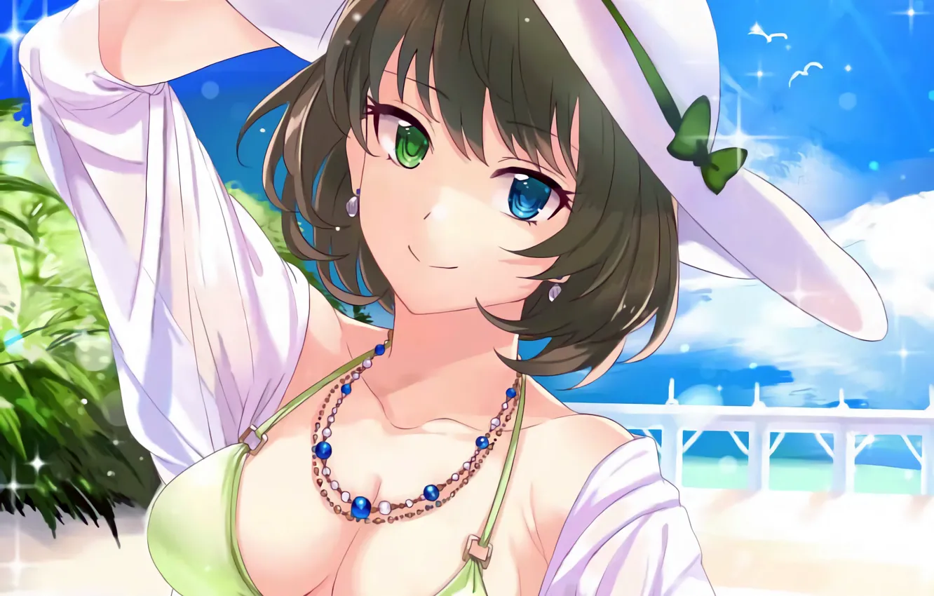 Photo wallpaper girl, sexy, pool, cleavage, hat, boobs, anime, beautiful