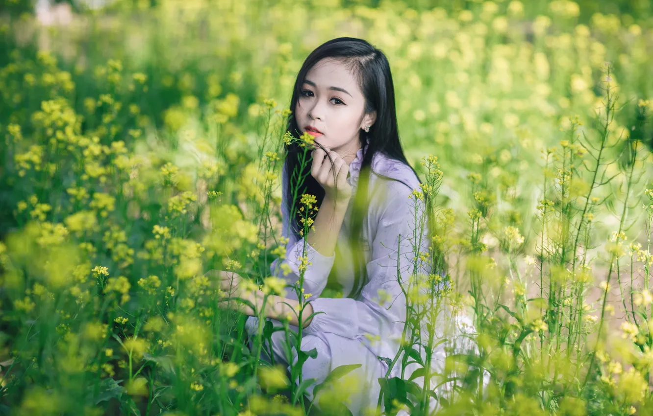 Photo wallpaper flowers, brunette, Asian, brown eyes, flowers, brown eyes, brunette, asian