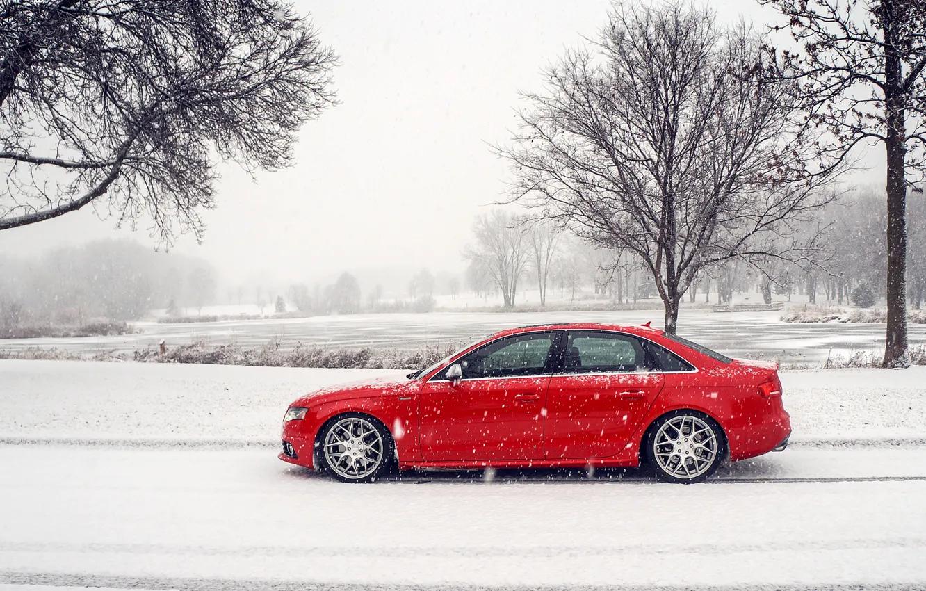 Photo wallpaper winter, snow, Audi, Audi, profile, red, red