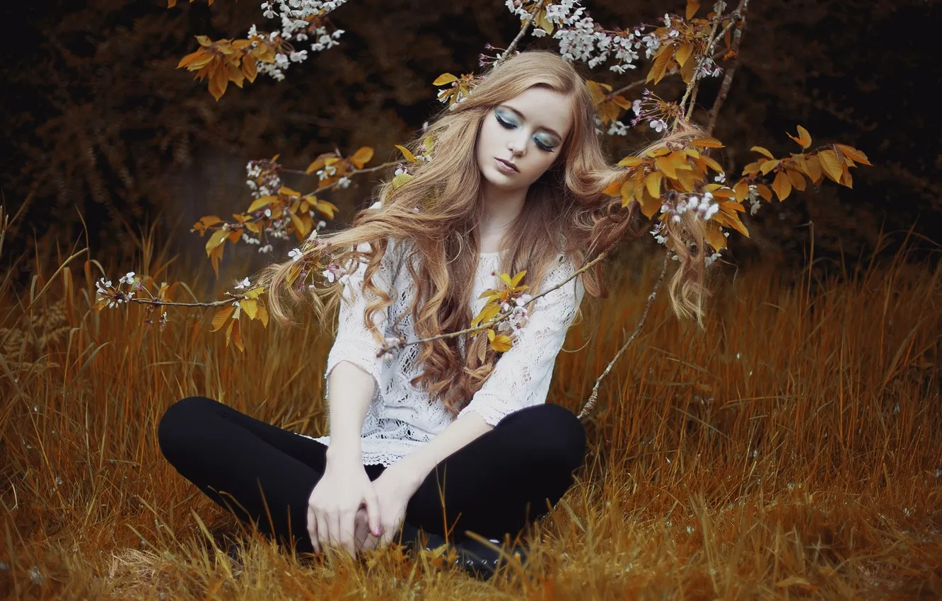 Photo wallpaper autumn, forest, eyelashes, hair, makeup, blonde, jacket