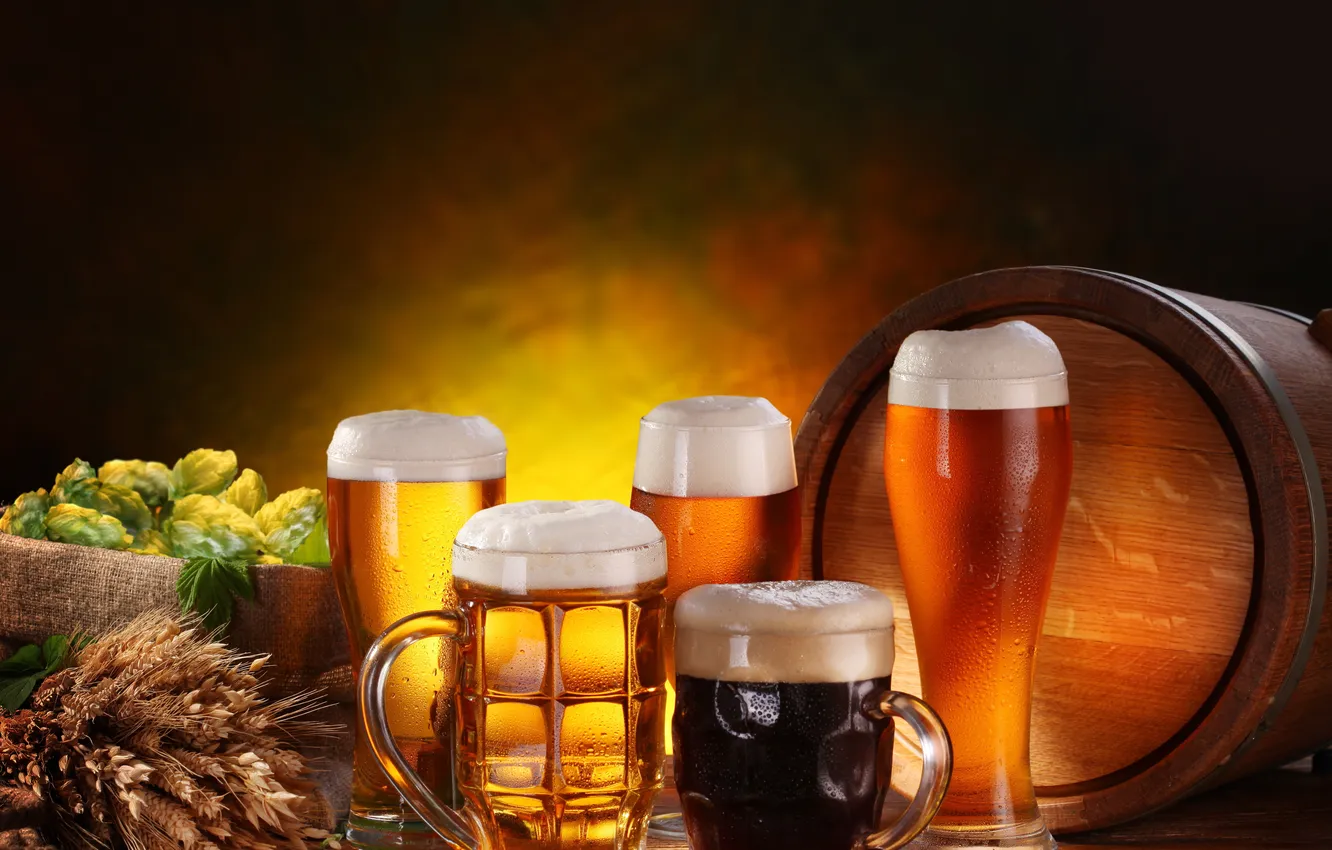 Photo wallpaper foam, glass, table, dark, glass, beer, light, bag