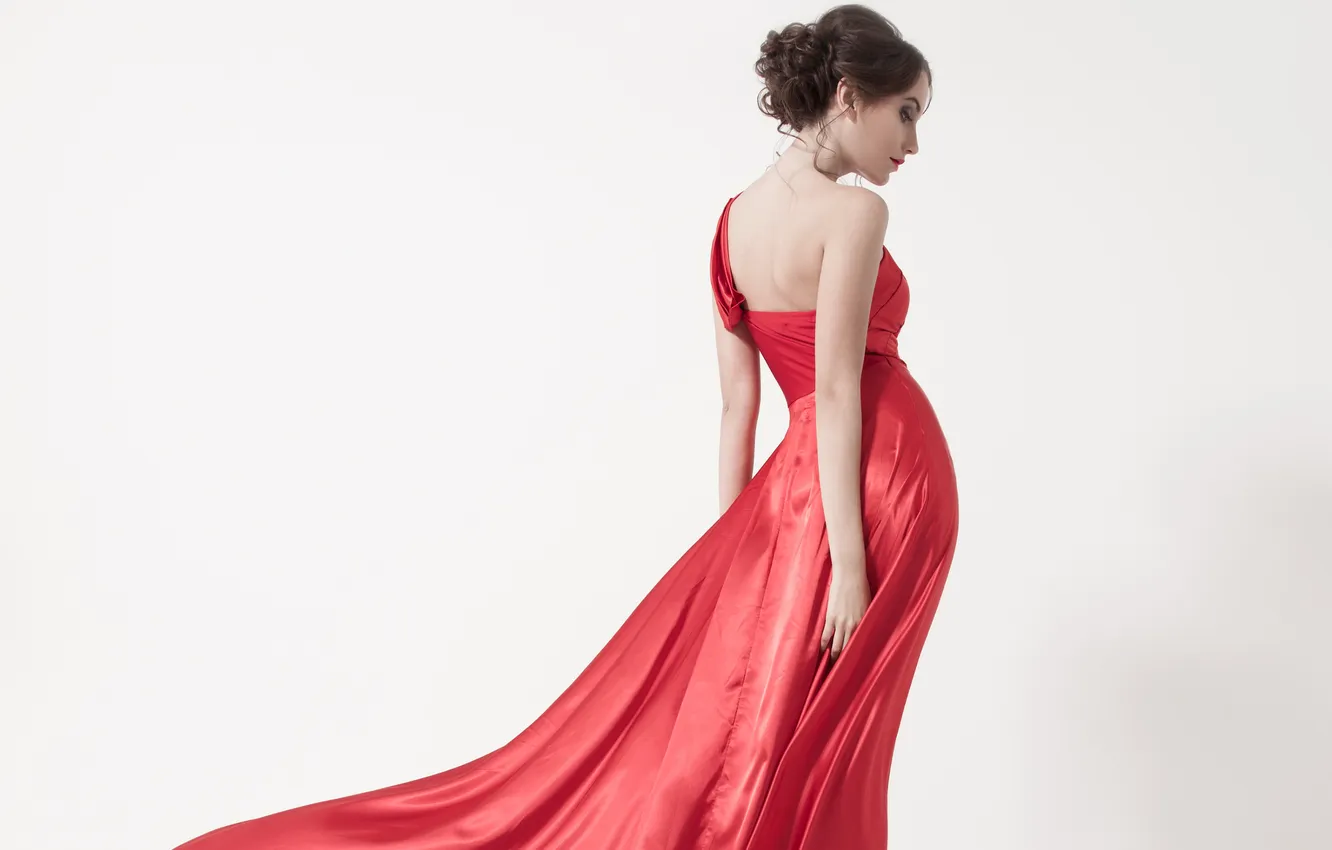 Photo wallpaper look, girl, back, makeup, hairstyle, red dress