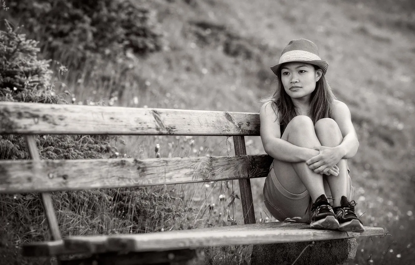 Photo wallpaper girl, hat, eyes, lips, hair, bench, thinking