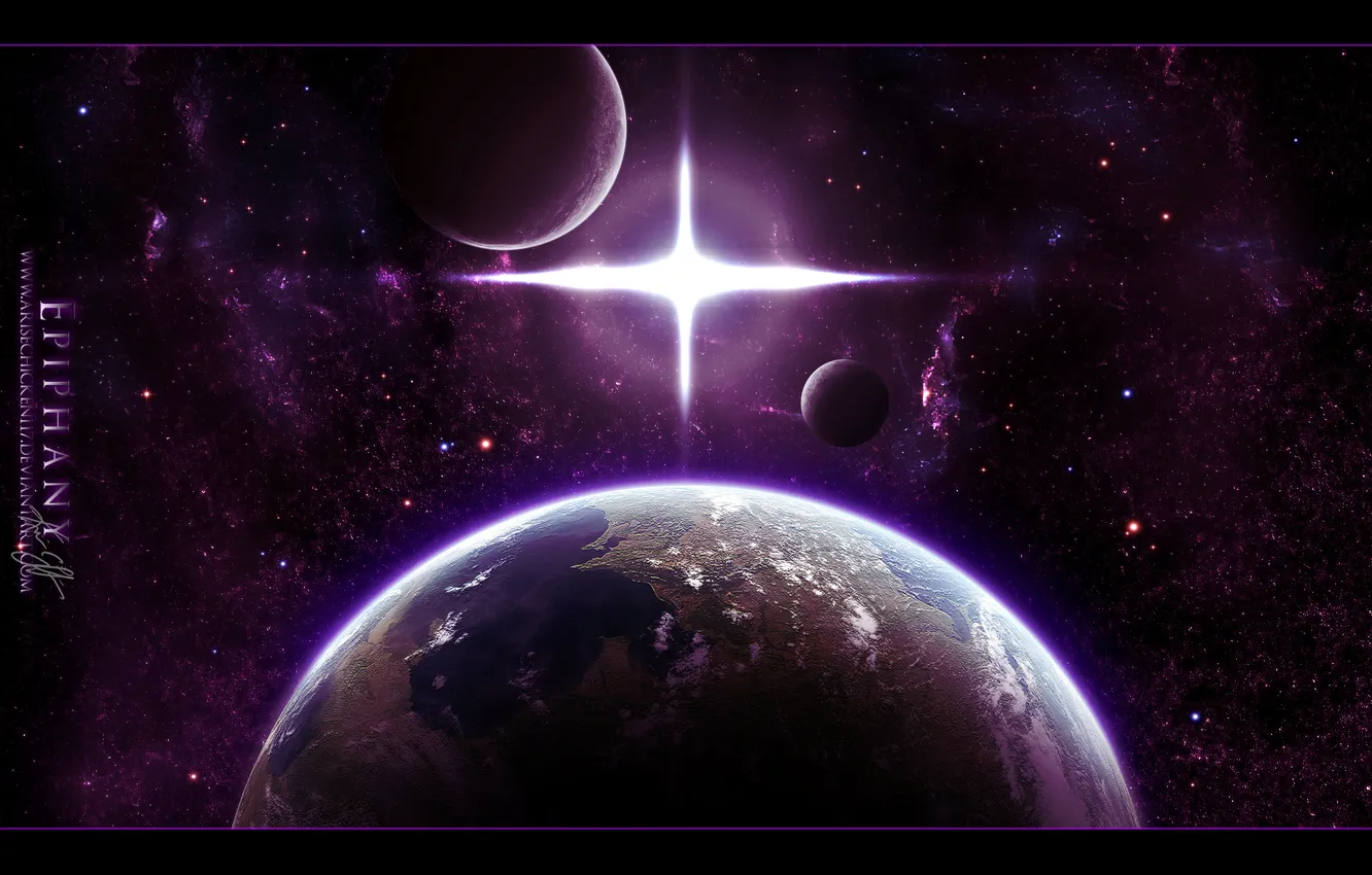 Photo wallpaper space, stars, light, planet, cross