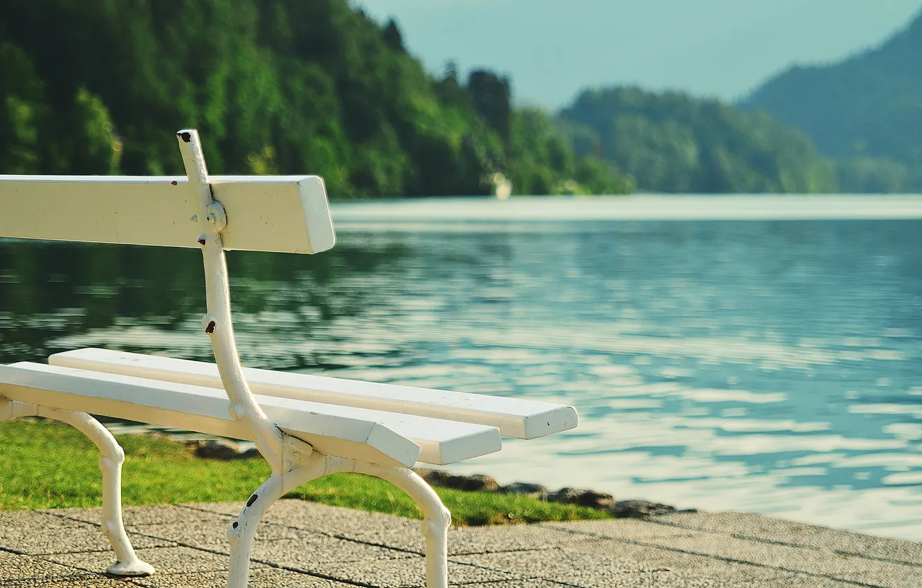 Photo wallpaper mountains, bench, lake, reflection