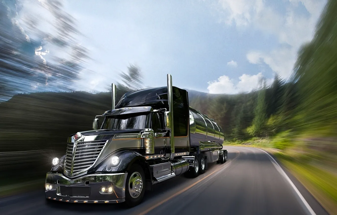 Photo wallpaper road, grille, pipe, Truck, cabin