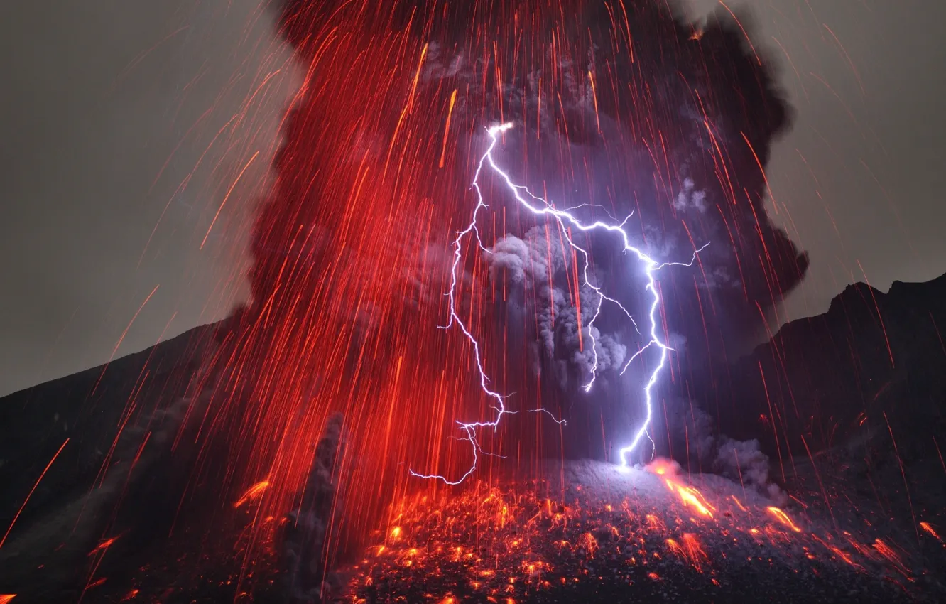 Photo wallpaper lightning, the volcano, The eruption, Sakurajima