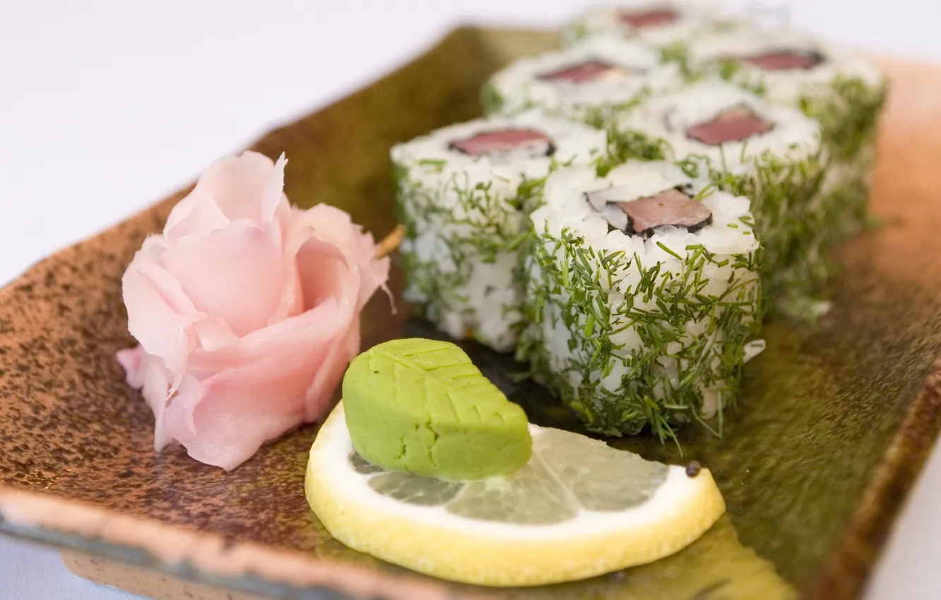 Photo wallpaper Japan, rolls, wasabi, ginger, a slice of lemon