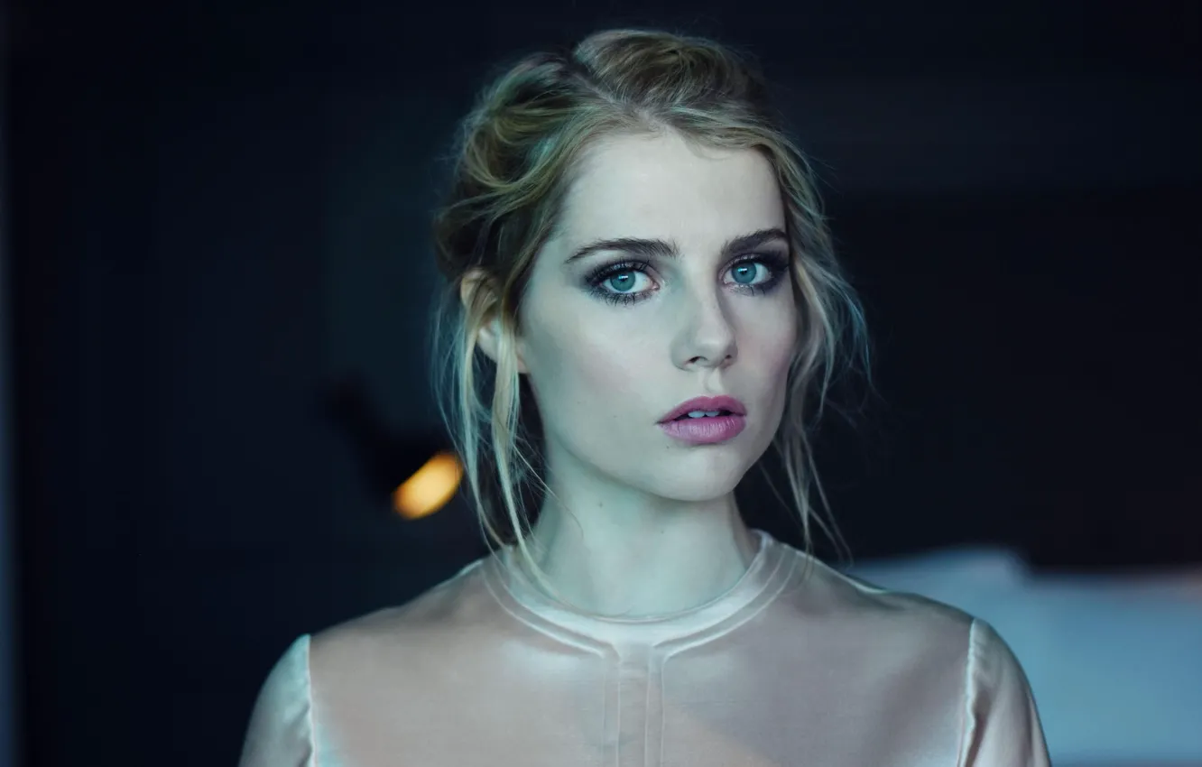 Photo wallpaper blue eyes, look, blonde, actress, dark background, Lucy Boynton