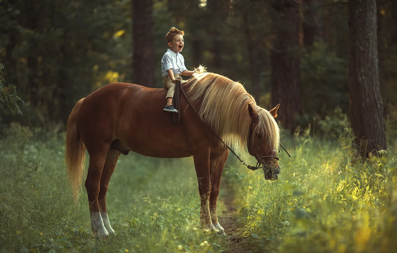 Photo wallpaper joy, horse, horse, boy
