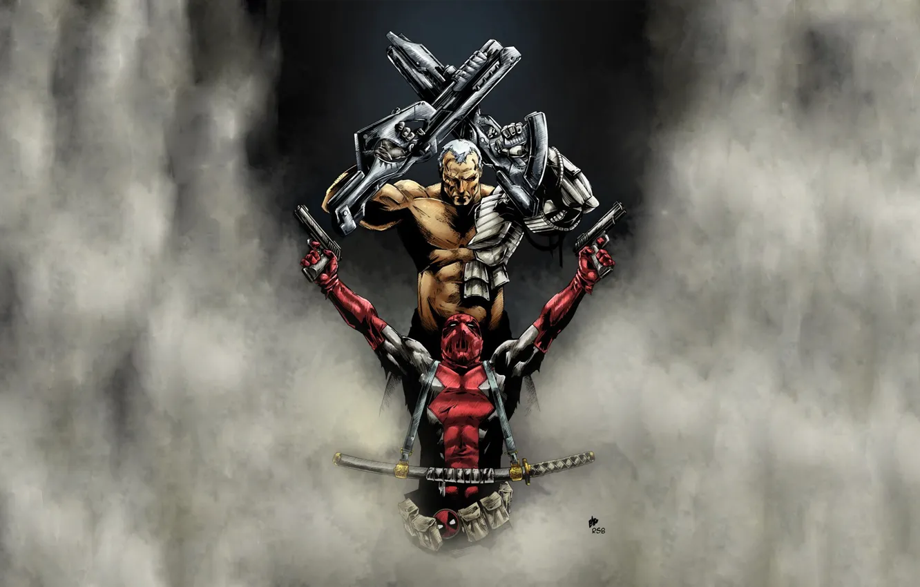 Photo wallpaper fog, weapons, sword, iron, Deadpool, Marvel, comic, Comics