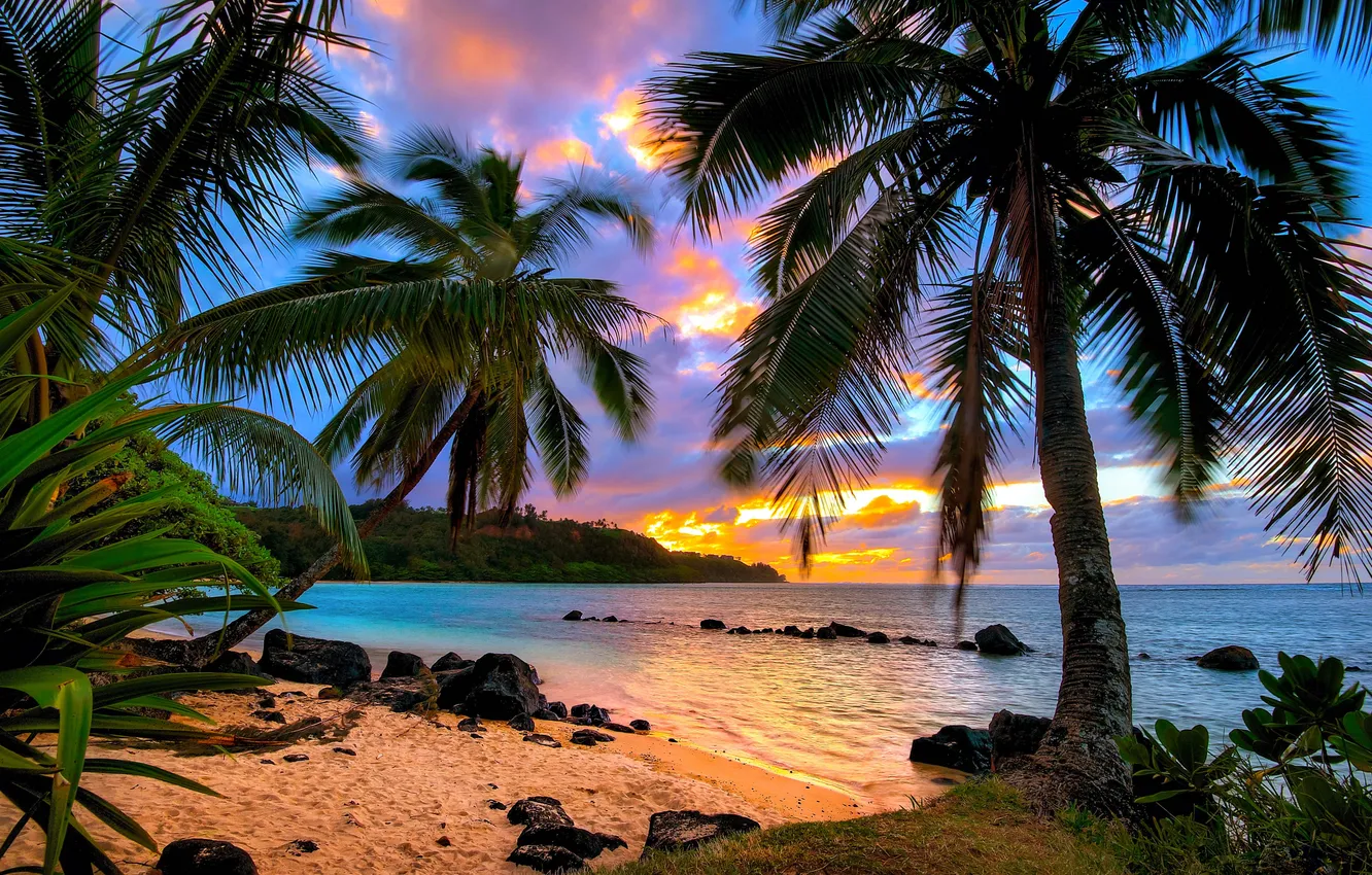 Photo wallpaper sand, sea, beach, the sky, clouds, sunset, tropics, stones