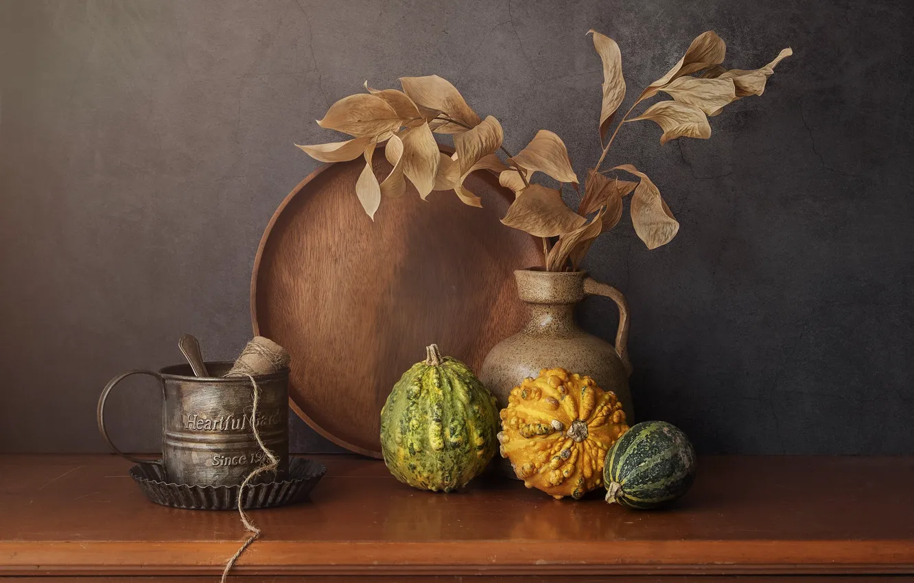 Photo wallpaper leaves, branches, table, bouquet, mug, pumpkin, pitcher, still life