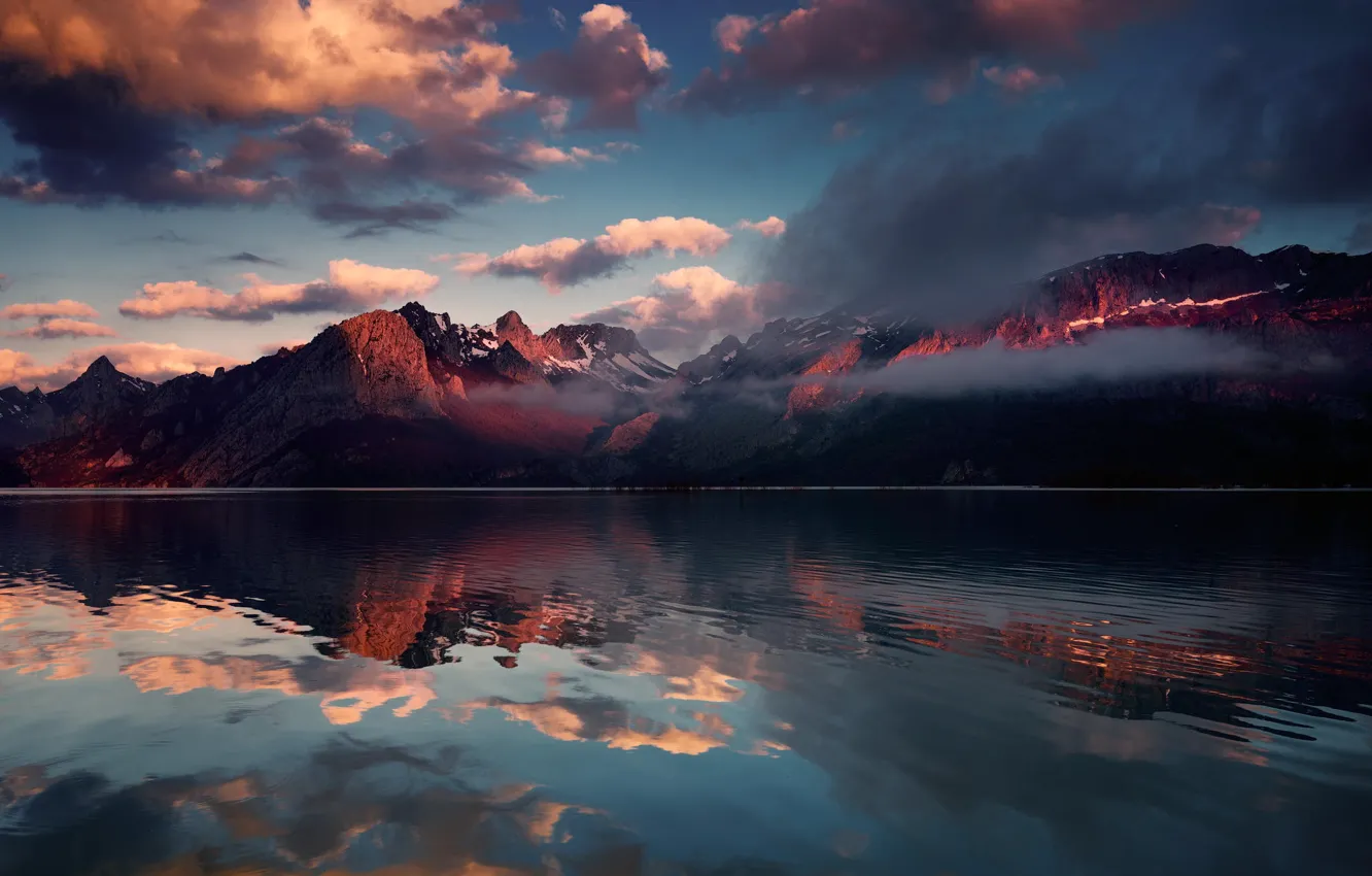 Photo wallpaper clouds, snow, mountains, nature, lake