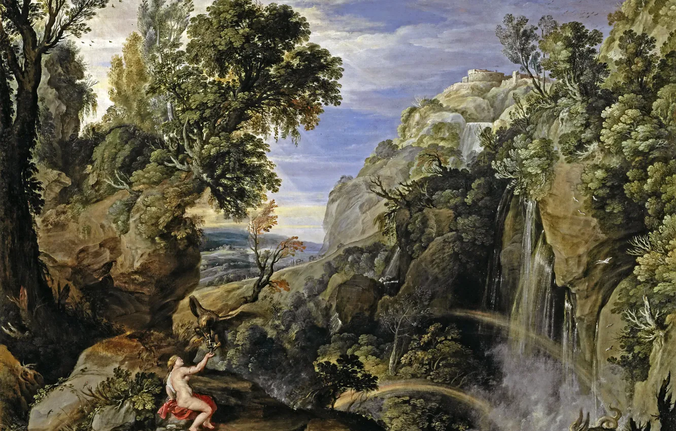 Photo wallpaper trees, rock, waterfall, picture, mythology, Paul Brill, Landscape with psyche and Jupiter