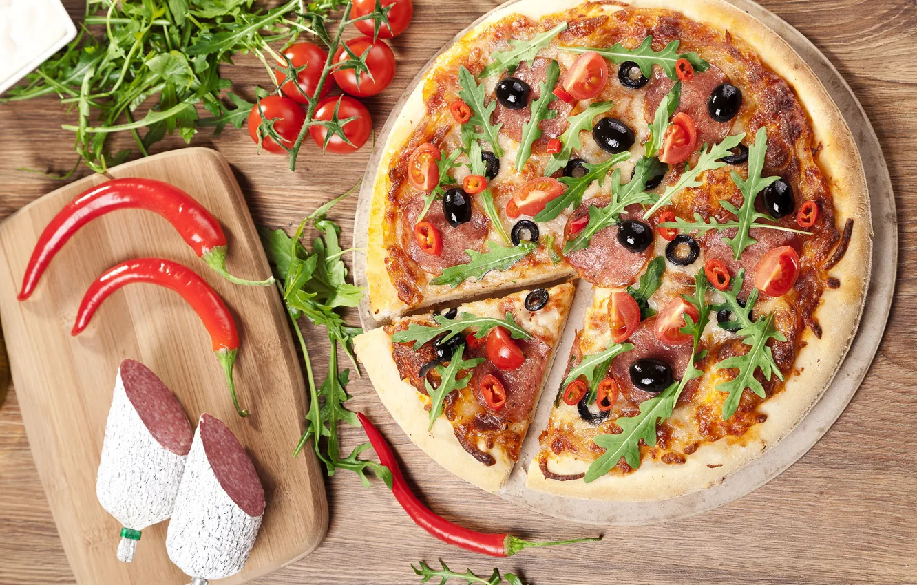 Photo wallpaper pepper, vegetables, pizza, tomatoes, olives, sausage