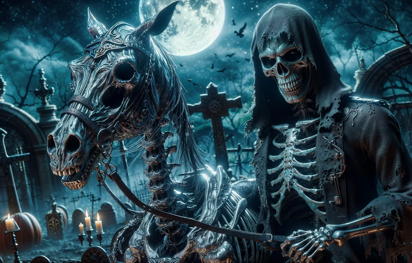 Photo wallpaper night, horse, the moon, steel, horse, cross, skeleton, cemetery