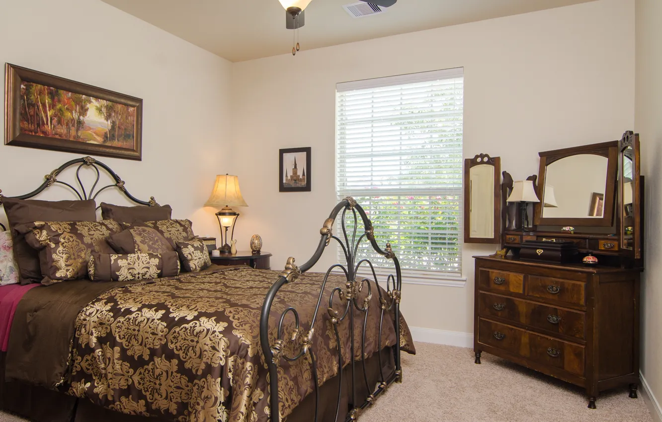 Photo wallpaper lamp, bed, picture, pillow, mirror, blanket, bedroom, chest