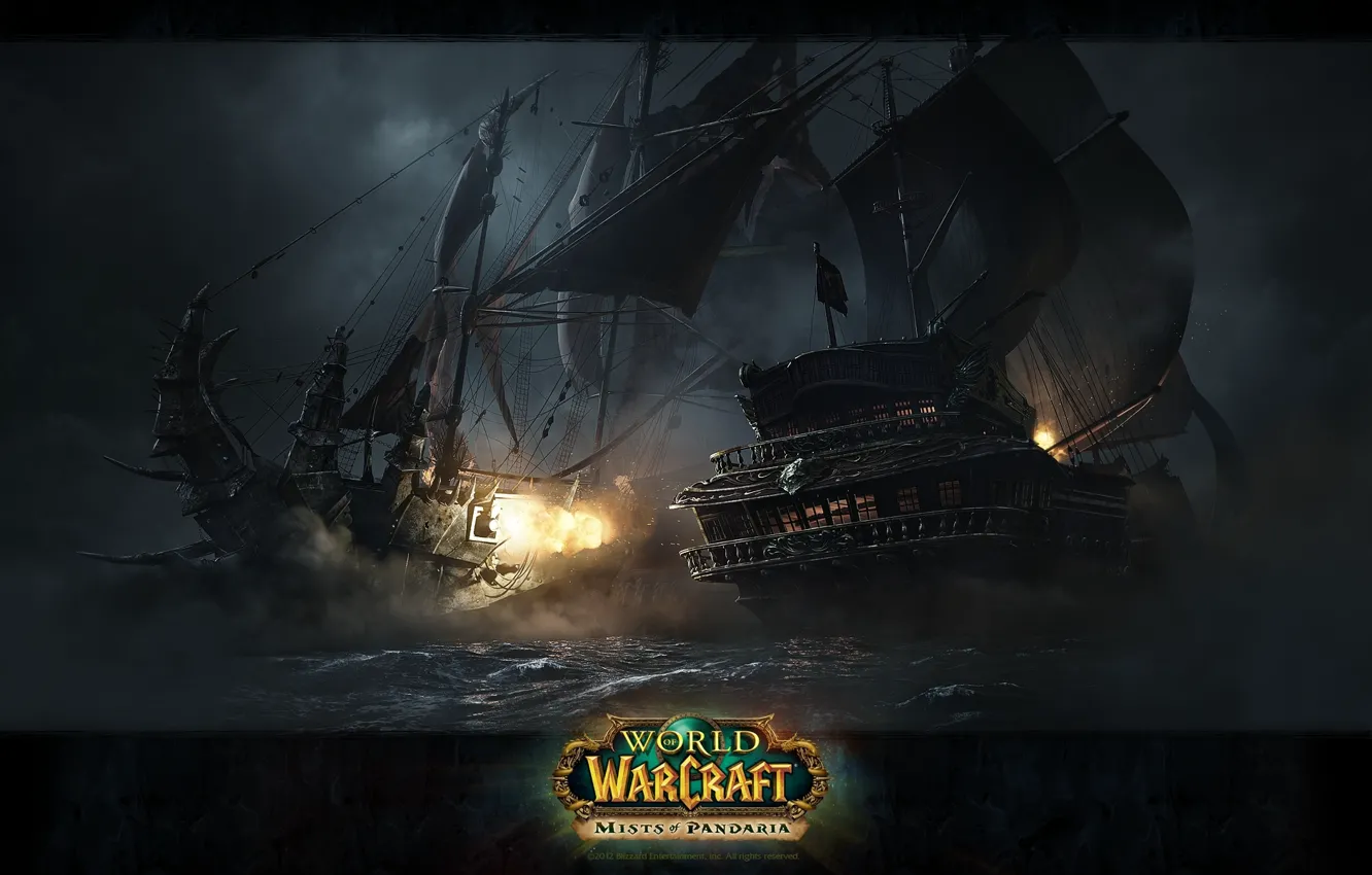 Photo wallpaper naval battle, battleship Horde, World of Warcraft Mists of Pandaria, battleship of the Alliance