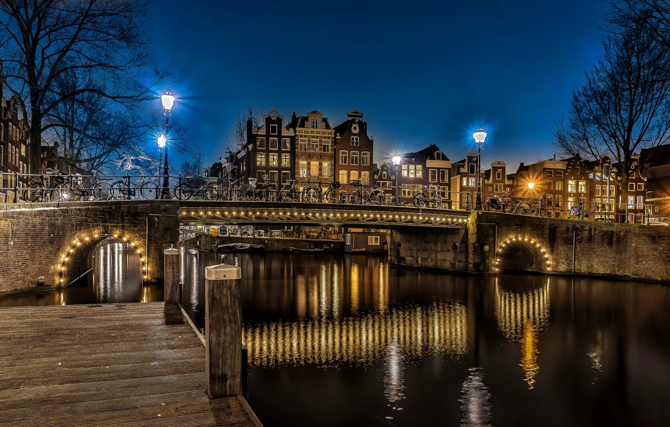 Wallpaper Night, Bridge, Lights, Amsterdam, Lights, Channel ...